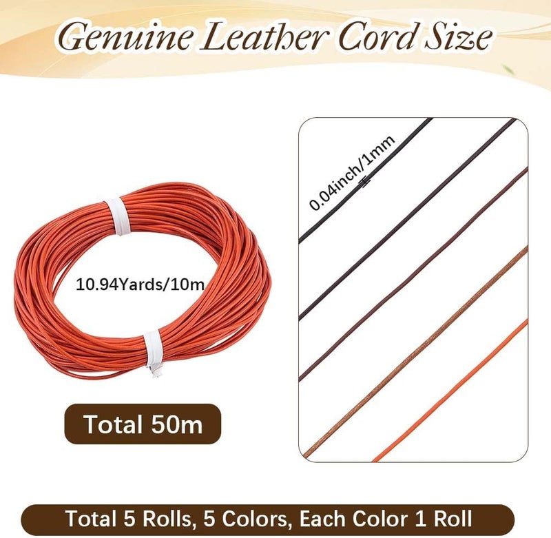 CALFOVERA 5 Colors 1MM Cowhide Round Leather Cord for Jewelry Making 54.68 Yards Thin Genuine Leather String Lace Cording Rope Braiding Strip Thread for Crafting Necklace Bracelets Wraps Beading - Image 2